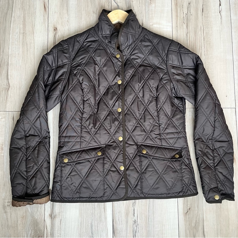 Eddie Bauer Women's Quilted Puffer Jacket Dark Brown tan interior snap closure